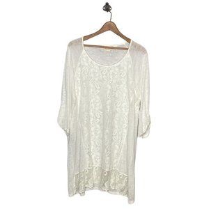 Chico's‎ 2 Ivory Lace Overlay Linen Blend Slub Knit Pullover Tunic Sweater Large